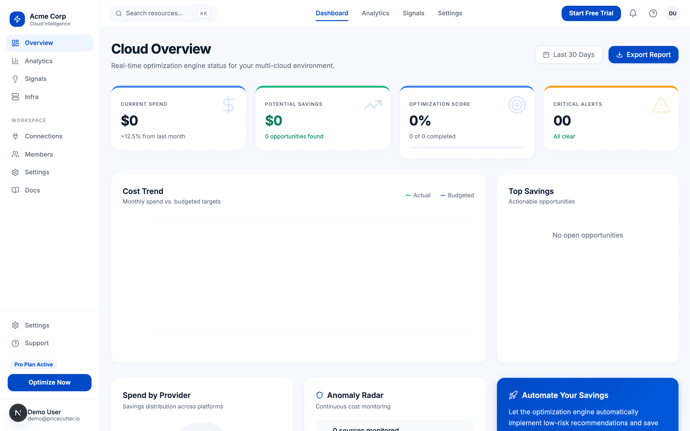 OptiStack dashboard page