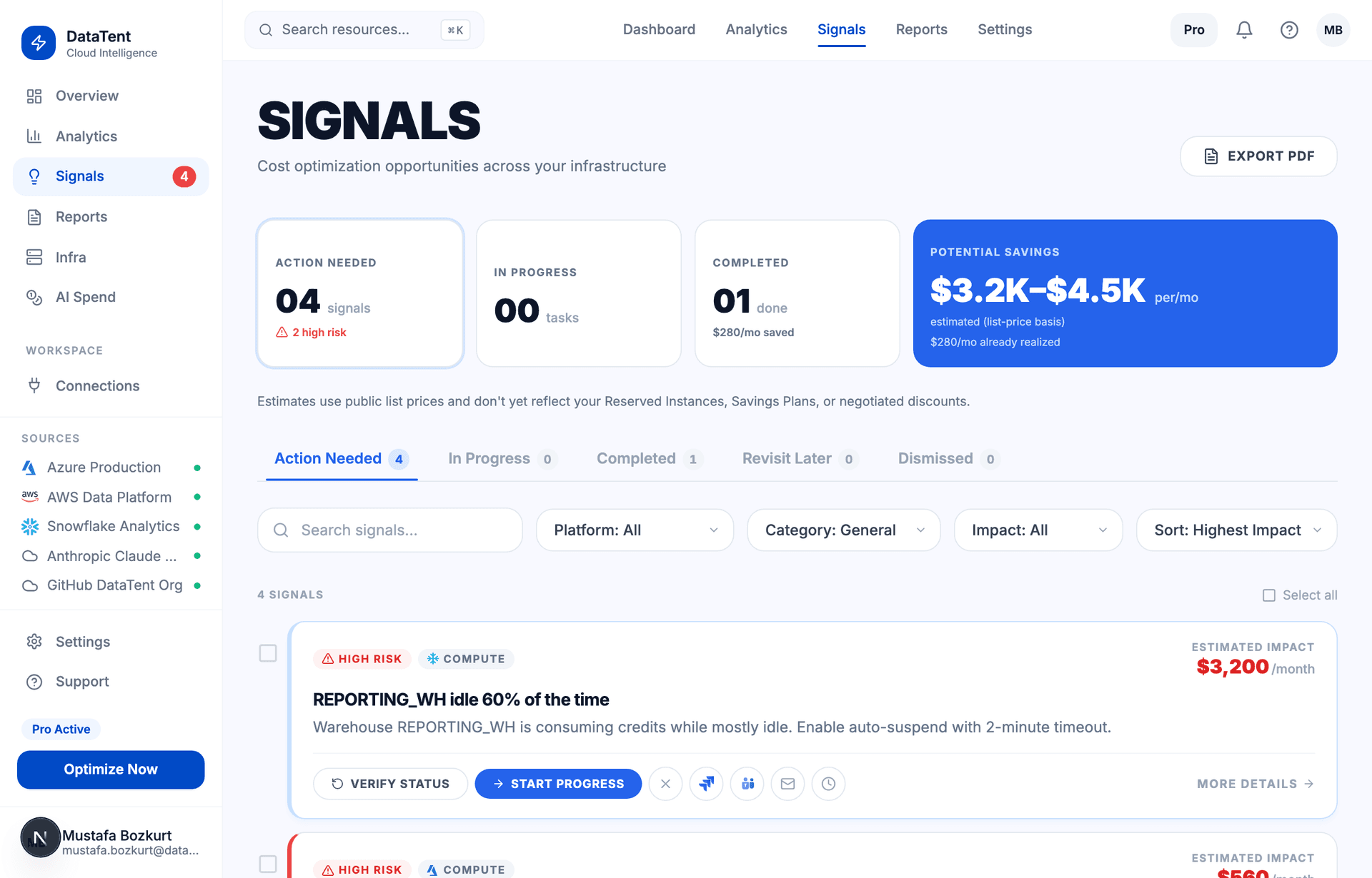 OptiStack Signals view — connect cloud accounts and SaaS tools with read-only credentials to generate findings
